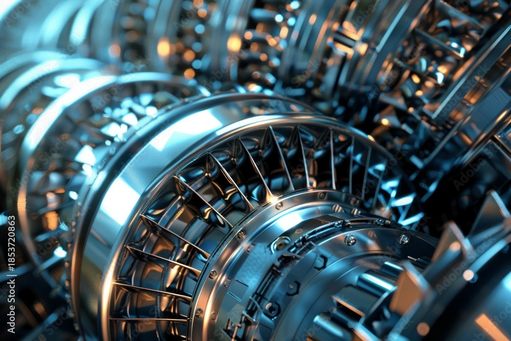 Fototapeta premium Close up view of a futuristic engine rotating, showcasing complex internal mechanics, gears, and advanced technology