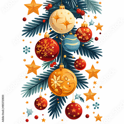 Festive Christmas Baubles and Pine Needles Vector Art with Stars and Snowflakes