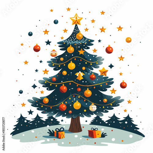 Beautifully Decorated Christmas Tree Vector Illustration with Gifts and Stars