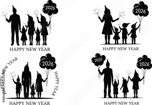 Happy New Year 2026 family celebration, festive silhouette vector illustration, joyful holiday party design, togetherness and fun artwork for seasonal stock