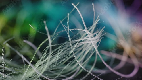 Extreme close-up macro view of delicate natural fibers or structures swaying gently with a strong vibrant color wash and soft light diffusion serene, close-up, texture