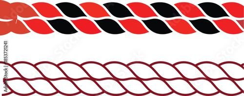 Vector rope illustration featuring red-black twisted spiral and continuous red outline design on white background.
