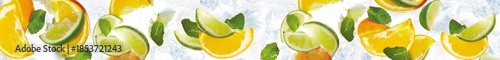 Obraz  z motywem Fresh citrus background with orange and lime slices mixed with mint leaves and crushed ice texture