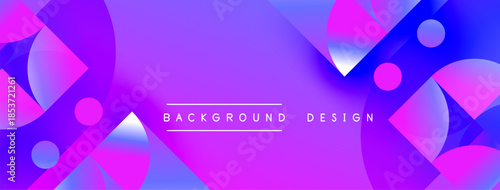 Abstract purple design features fluid shapes, circles, squares. Modern background with gradient colors, vibrant hues, dynamic composition.