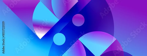 Abstract fluid shapes, vibrant blues, purples blend. Dynamic composition creates modern visual impact. Smooth gradients suggest movement, energy.
