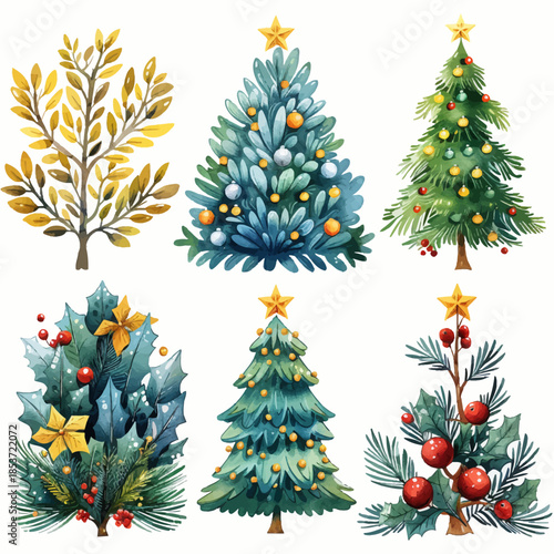Set of Vector Christmas Trees and Winter Holiday Decorations