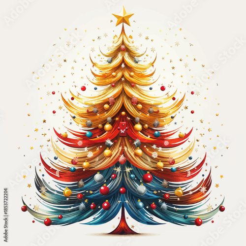 Vibrant Christmas Tree Vector Illustration with Star and Ornaments - Festive Holiday Graphics