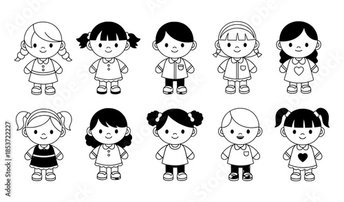 Cute kids toy doll characters vector set with playful poses and colorful outfits isolated on transparent background