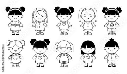 Cute toy doll character icons vector set with smiling faces and colorful clothes isolated on transparent background