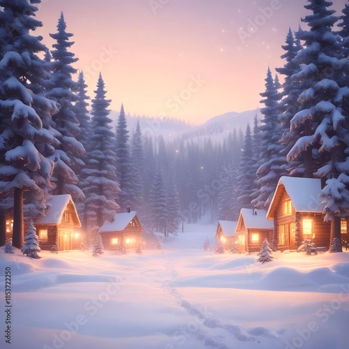 Cozy winter holiday background with snow-covered pine trees, warm fairy lights, soft blur, pastel colors, minimal composition, professional stock photo style