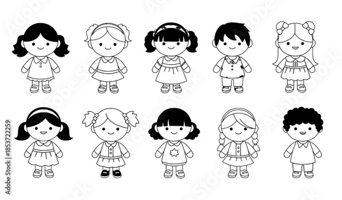 Kids toy doll vector illustration set with smiling faces and colorful clothes isolated on transparent background