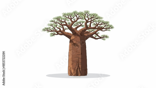Majestic and detailed illustration of a large African baobab tree, showcasing its massive trunk and iconic shape on a white background.
