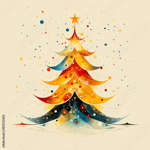 Abstract Christmas Tree Vector Illustration with Colorful Festive Sparkles and a Star on Top