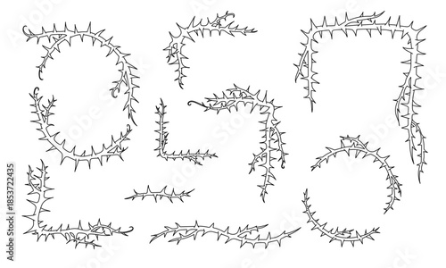 Thorn vine frames and borders vector set. Black twisted thorn branches, barbed stems, creepy patterns. Isolated design elements for tattoos, gothic art, religious symbols.