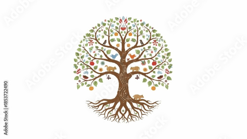 Intricate Tree of Life illustration showing the circle of life with various animals, birds, and fruits nestled within its branches.