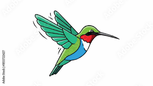 Vibrant and colorful cartoon illustration of a ruby-throated hummingbird hovering in mid-air, with its green and red plumage shining.