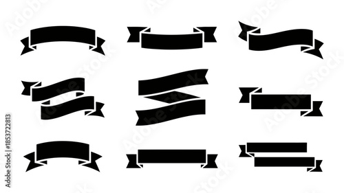 Collection of nine black ribbon banners in different styles