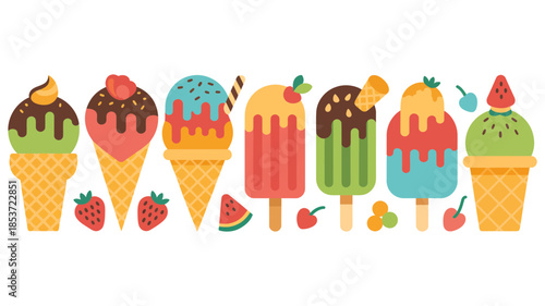 A vibrant collection of assorted ice cream cones and popsicles