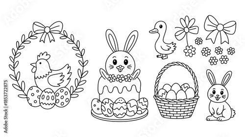 Easter coloring pages with cute animals and decorated eggs
