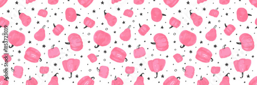 Cute pink Halloween pattern with pumpkins and pastel creates a girly autumn vibe. Seamless design features whimsical pumpkin illustrations perfect for festive fall decor.