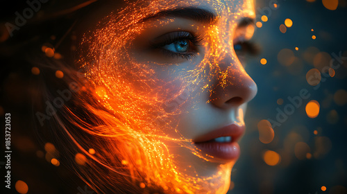 Portrait of woman with radiant energy threads wrapping around her face and shoulders 