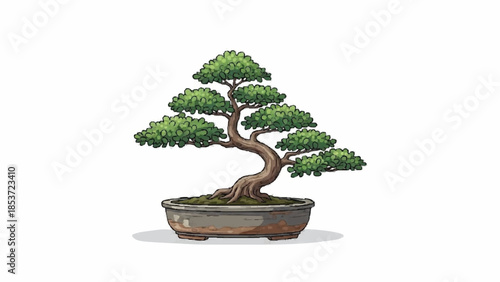 Detailed pixel art style illustration of a traditional Japanese bonsai tree in a ceramic pot, isolated on a clean white background.