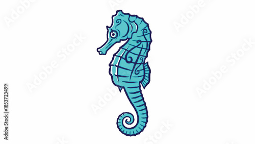 Cute and whimsical cartoon illustration of a bright turquoise seahorse with decorative swirls, rendered in a simple, friendly style.