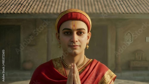 A young monk stands calmly in a traditional courtyard, radiating serenity, discipline, and quiet spiritual focus.
