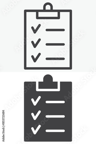 Clipboard checklist line and solid vector icon set