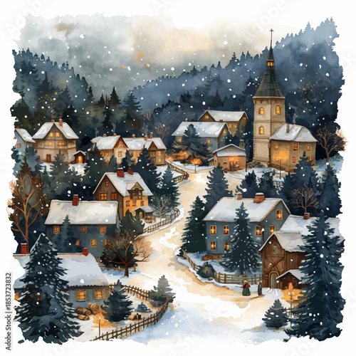 Cozy Village in Snowy Landscape Watercolor Illustration Vector Art