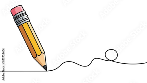A yellow pencil drawing a continuous line with a loop on a white background, symbolizing creativity and artistic expression