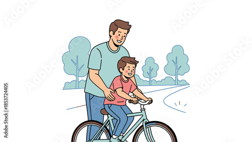 A father is teaching his son how to ride a bicycle in a park with trees in the background