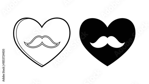 Heart with mustache icons, representing love and masculinity, for design and graphic arts
