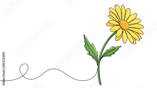 A simple, hand-drawn illustration of a cheerful yellow daisy with a whimsical, looping stem, set against a clean white background
