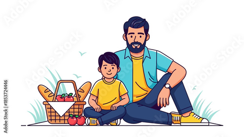 A father and son enjoy a delightful picnic surrounded by nature, sharing a basket filled with fresh food and enjoying each other's company