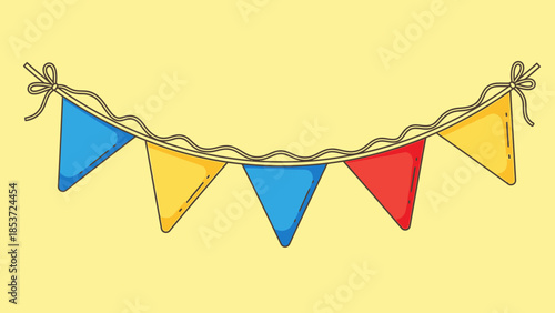 Colorful party bunting flags strung on a rope against a light yellow background, perfect for celebrations and decorations