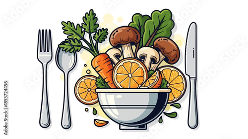 Healthy Vegetarian Meal with Fresh Vegetables and Fruits in a Bowl, a Fork and Knife