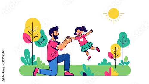 Father and daughter playing together in a park, enjoying a sunny day outdoors with trees and flowers around