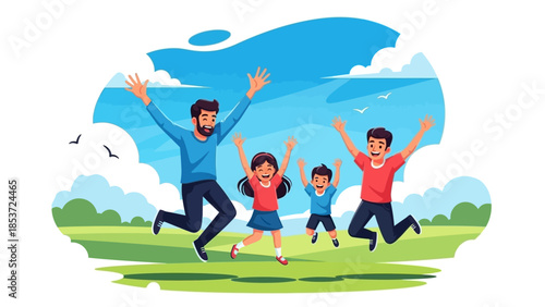 Joyful Family Jumping in a Park with Green Trees and a Bright Blue Sky