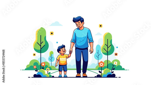A father and son walking together in a park, holding hands, enjoying a sunny day outdoors amidst lush greenery and flowers