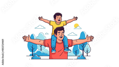 Father and Son Having Fun Outdoors with Arms Outstretched in a Joyful Moment
