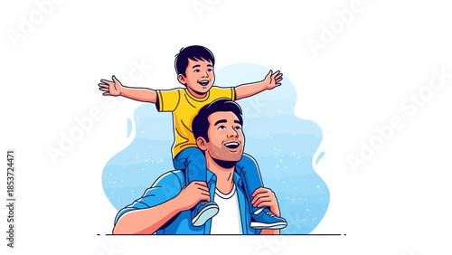 Happy father carrying his son on shoulders enjoying a sunny day outdoors