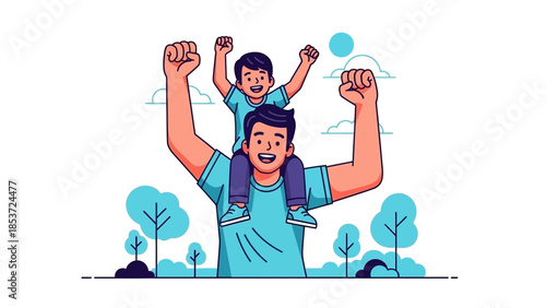 Joyful Father and Son Celebrating Together Outdoors Amidst Greenery and Clear Skies