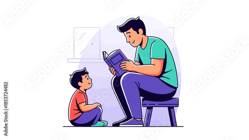 Father and son enjoying a quiet moment together as the dad reads a book to his attentive child