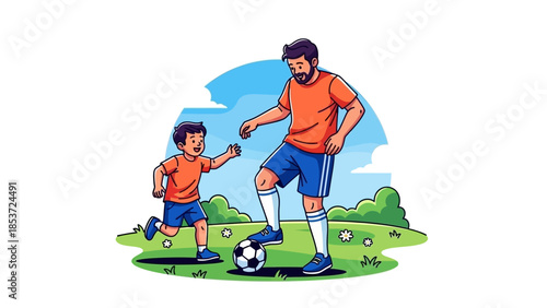 Father and son playing soccer in a park on a sunny day, enjoying outdoor family fun and exercise