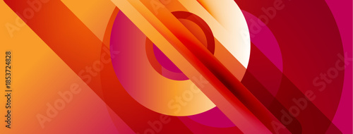 Abstract composition featuring vibrant orange, red, pink gradients. Circular shapes intersect with diagonal lines creating dynamic visual effect.