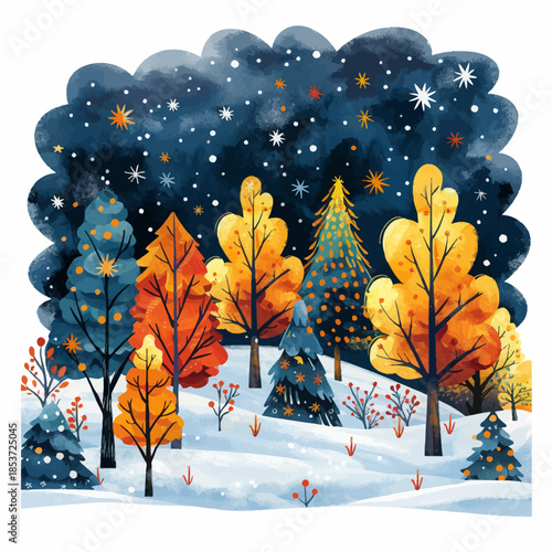 Whimsical Winter Forest Vector Illustration with Snow and Stars