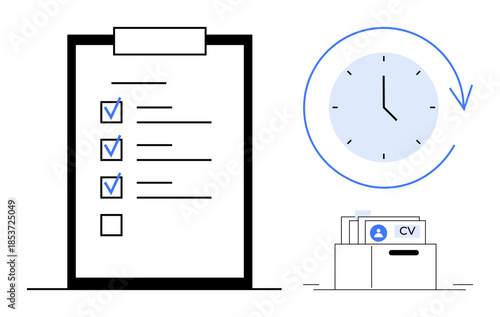 Recruitment process. Recruitment ed with checklist, clock, and CV files for time management, organization, and staff hiring. Recruitment for HR, business, corporate hiring workflow
