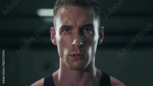 Intense Workout - Close-Up of a Muscular Mans Face.