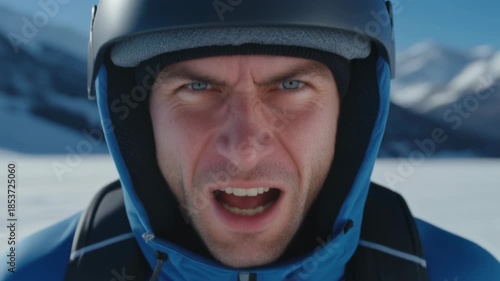 Intense Skier Portrait in Snowy Mountain Landscape.